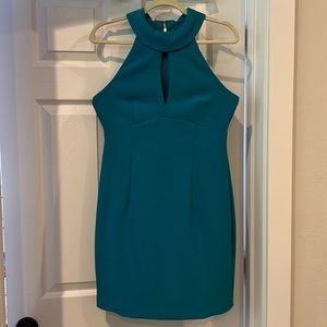 Trina Turk turquoise fitted dress high neck keyhole razorback size 4